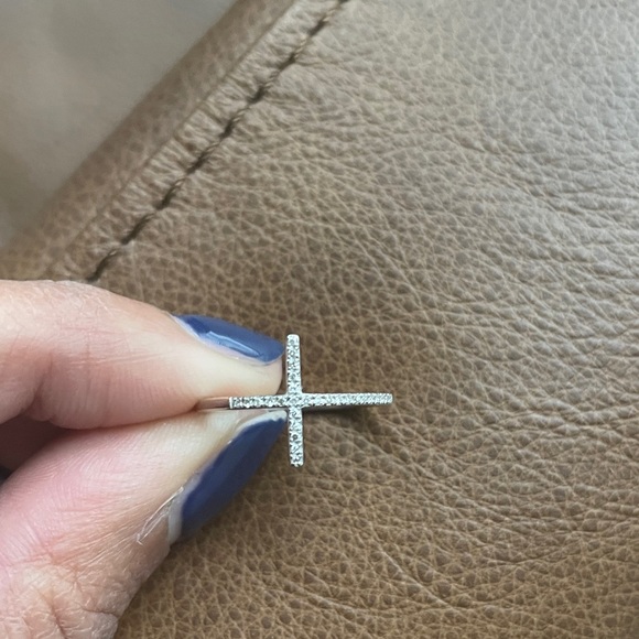 Effy 14K White Gold Pave Diamond Cross Ring - Picture 5 of 5